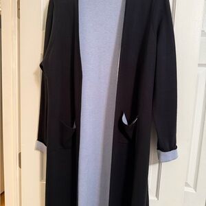 Calvin Klein Black Open-Front Long Cape with Light Gray Trim